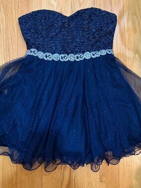 City Triangle Navy Silver Strapless Formal Homecoming Dress, Size 15